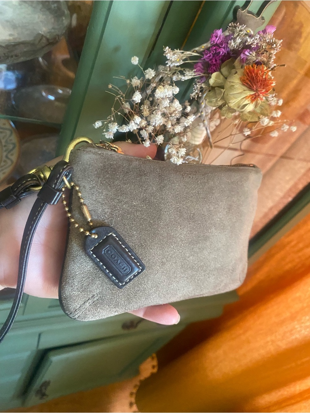 COACH Olive Green Suede Wristlet Clutch